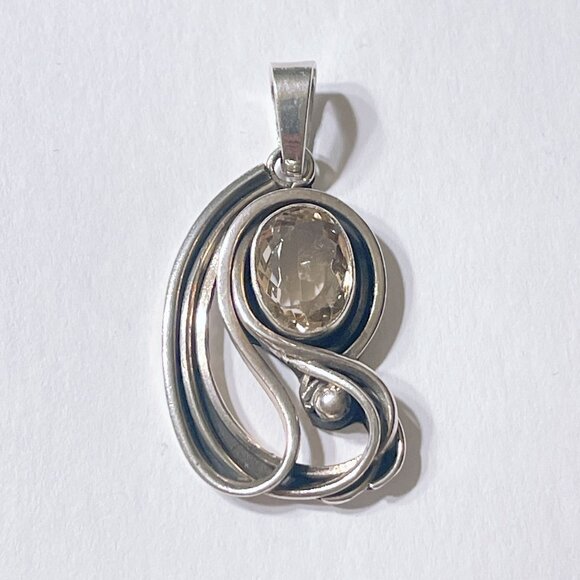 Vintage Sterling Silver Gemstone Oval Pendant With Intricate Swirl Design - Picture 7 of 7